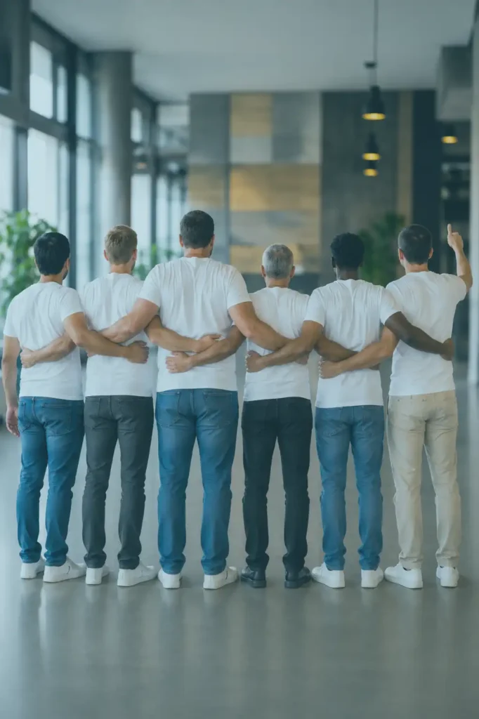 Fünf Mitarbeiter stehen mit dem Rücken zur Kamera und legen sich gegenseitig die Arme um die Schultern. Die unterschiedlichen Personen symbolisieren Teamgeist, Zusammenhalt und die gemeinsame Zusammenarbeit bei comveris. Im leicht verschwommenen Hintergrund ist eine moderne Büroumgebung zu erkennen.