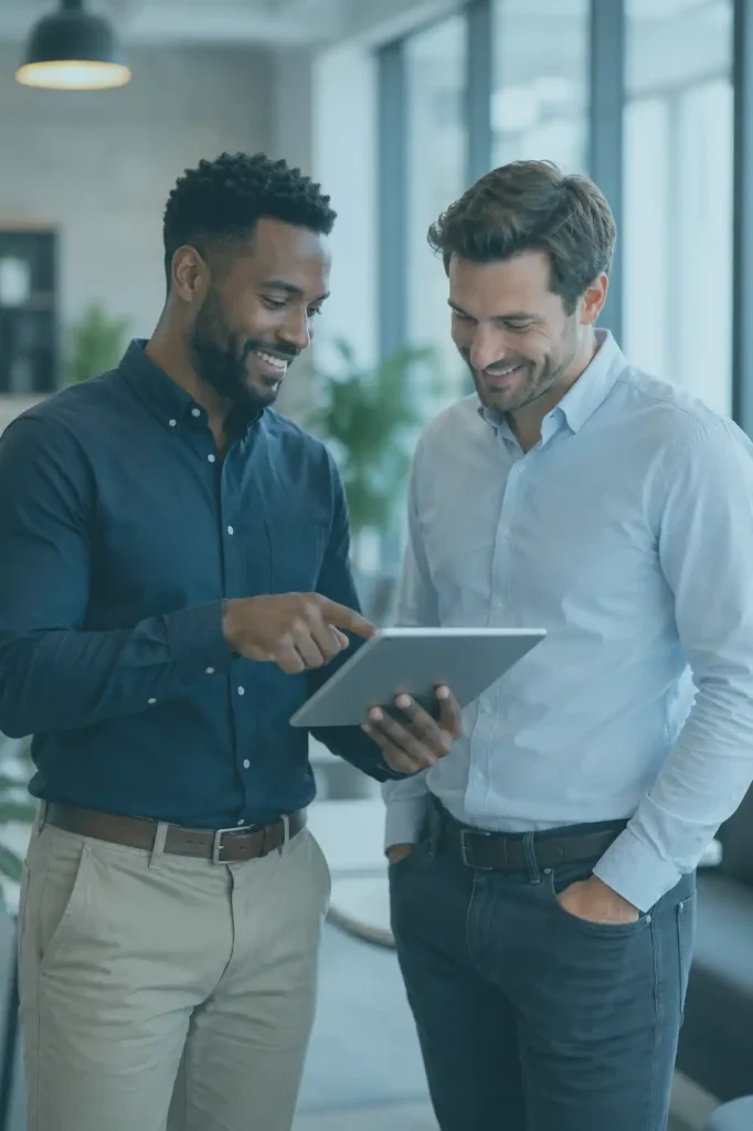Zwei Mitarbeiter stehen in einem modernen Büro und besprechen gemeinsam Inhalte auf einem Tablet. Die persönliche Beratung und der direkte Austausch symbolisieren die kundenorientierte Arbeitsweise von comveris bei der Planung und Umsetzung individueller IT Lösungen.