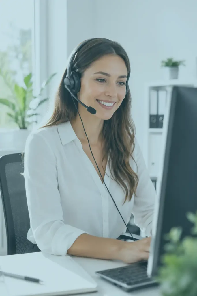 Freundliche IT Support Mitarbeiterin mit Headset arbeitet an einem Computer in einem modernen Büro. Sie steht für persönliche Beratung, schnellen Support und kompetente Unterstützung bei allen Fragen rund um die IT.