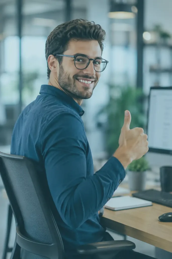 Freundlicher IT-Mitarbeiter sitzt an seinem Schreibtisch, dreht sich zur Kamera um und zeigt zustimmend den Daumen nach oben. Der Fokus liegt auf dem Mitarbeiter, während der moderne Bürohintergrund leicht verschwommen dargestellt ist.